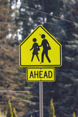 school crossing ahead yellow traffic sign in forest