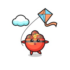 meatball bowl mascot illustration is playing kite