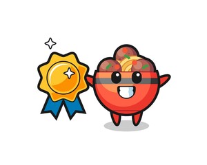 meatball bowl mascot illustration holding a golden badge
