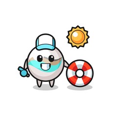 Cartoon mascot of marble toy as a beach guard