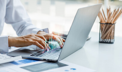 Close up of Businesswoman accountant or financial expert coins double exposure analyze business report graph finance chart corporate finance economy banking business stock market research concept.