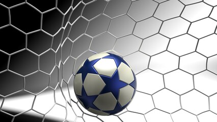 White-Blue Star Soccer Ball in the Goal Net under black background. 3D illustration. 3D CG. 3D Rendering. High resolution.