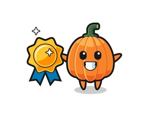 pumpkin mascot illustration holding a golden badge