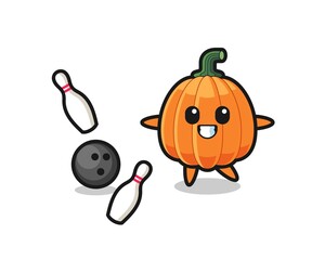 Obraz na płótnie Canvas Character cartoon of pumpkin is playing bowling