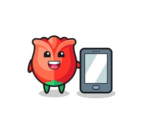 rose illustration cartoon holding a smartphone