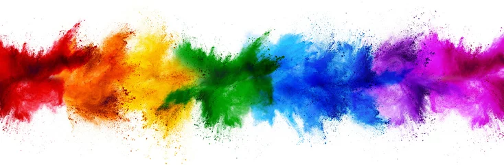 Foto auf Glas colorful rainbow holi paint color powder explosion garland banner line isolated white wide panorama background. peace rgb beautiful party concept © stockphoto-graf