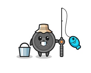 Mascot character of barbell plate as a fisherman