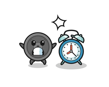 Cartoon Illustration of barbell plate is surprised with a giant alarm clock