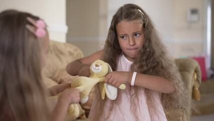 Pretty brunette Caucasian girl with brown eyes and long hair fighting for toy with sister at home. Portrait of cute kid arguing with sibling in living room indoors showing tongue. Slow motion