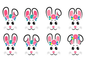 Vector design of collection of cartoon rabbit masks with gray and pink ears on white isolated background