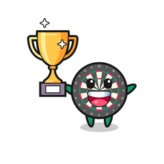 Cartoon Illustration of dart board is happy holding up the golden trophy