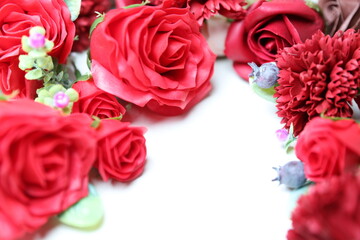 白の背景にバラの花々