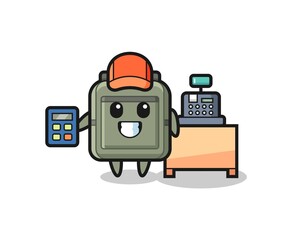 Illustration of school bag character as a cashier