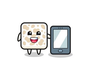 tempeh illustration cartoon holding a smartphone