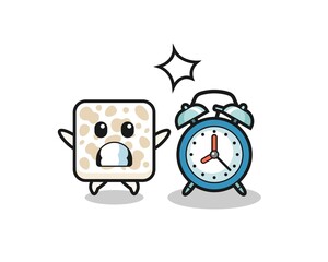 Cartoon Illustration of tempeh is surprised with a giant alarm clock
