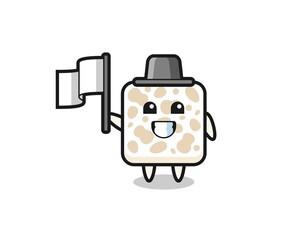Cartoon character of tempeh holding a flag