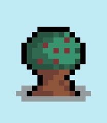 Pixel art green tree. Blue background, wallpaper, sticker or game assets.