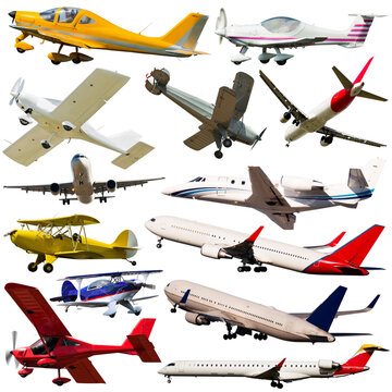 Image of different sports and passenger aircrafts on white background