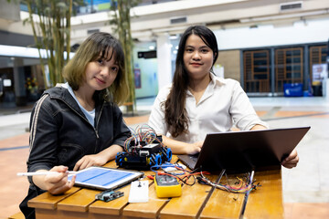 New Generation young studen assembly and programing robot ,Technology education concept