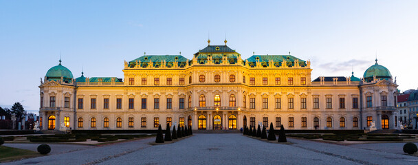 Facade of baroque Belvedere Palace in sunset light in Vienna, Austria