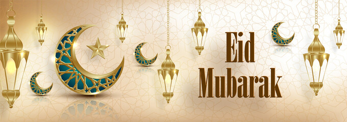 Eid Mubarak or Ramadan Kareem on Islamic design concept with crescent moon on color background