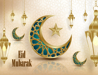 Eid Mubarak or Ramadan Kareem on Islamic design concept with crescent moon on color background © eric