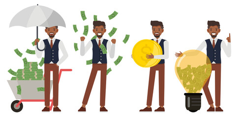 Obraz premium Set of businessman wear blue suit character vector design. Presentation in various action. People working in office planning, thinking and economic analysis. Money concept.