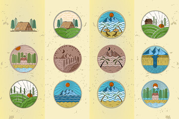 Set of Outdoor Logo Badge. Set of Cabin, cottage, mountain, beach, hill and waterfall logo template. Emblem vintage logo for shirts, stamps, stickers, pin and labels.