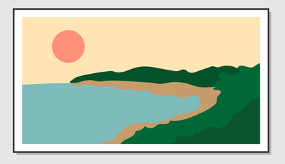Naklejka premium Landscape wall art. Seascape design, green forest and sun. Suitable for wall decoration
