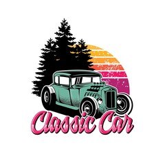 Classic car inspiration design vector. Vector illustration with the image of an old classic car, design logos, posters, banners, signage.