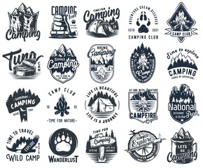 Set of monochrome camping and travel emblems, including campfire, flag, wood, lantern, forest - obrazy, fototapety, plakaty