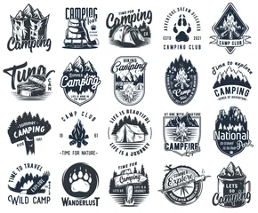 Foto op Plexiglas Set of monochrome camping and travel emblems, including campfire, flag, wood, lantern, forest © Casoalfonso