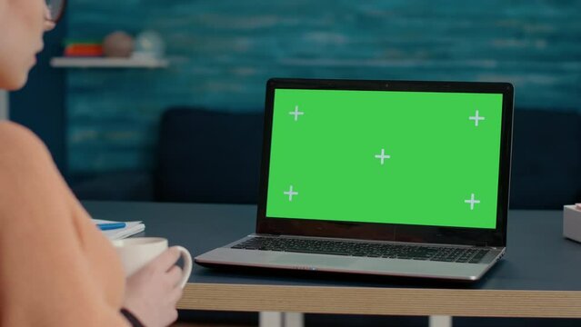 Young adult analyzing laptop display with green screen in living room, using mockup template with isolated copy space and blank chrma key background on computer. Remote school student