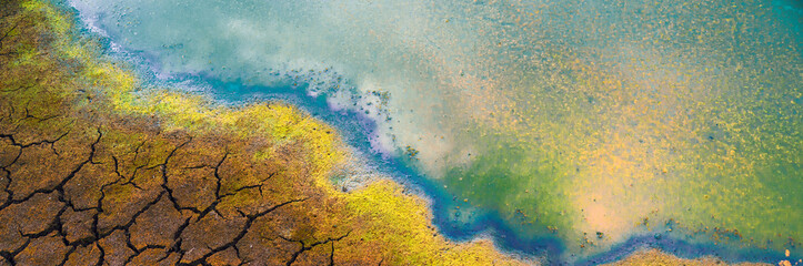 Polluted water and cracked land during summer drought	
