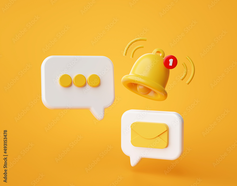 Poster chat bubbles or speech bubble notification icon website ui on yellow background 3d rendering illustr