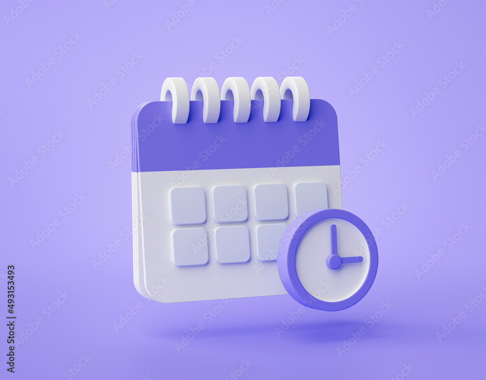 Poster purple calendar clock icon 3d reminder notification concept website ui on purple background 3d rende