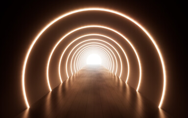 Circular neon lights and tunnels, 3d rendering.