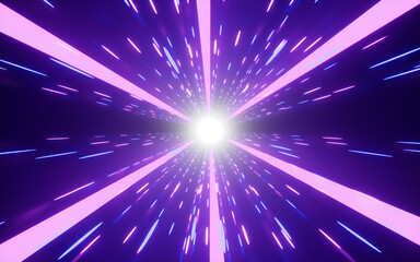 Glowing particles with neon tunnels, 3d rendering.