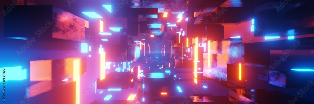 Aufkleber abstract futuristic tunnel laser cube geometric cyberspace wormhole cyberpunk background 3d renderin