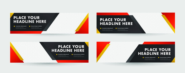 Strong and solid horizontal banner set template. Red and gold background color with stripe line shape. Suitable for social media post, web internet ads and printing advertisements