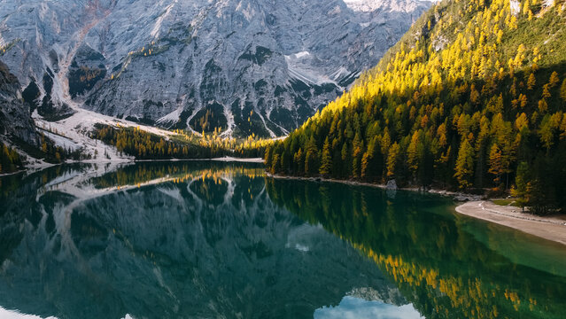Autumn at Braies lake, Italy. Famous lake in the Dolomites.