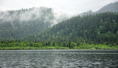 Fog descending the slope of a high mountain overgrown with coniferous forest on the shore of a...