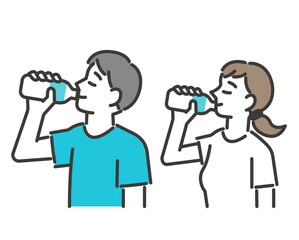 水分補給をする若い男女のベクターイラスト素材／夏／熱中症／ペットボトル
