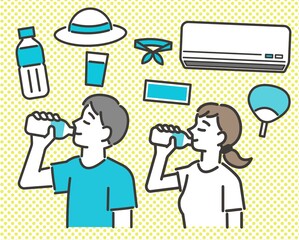 熱中症対策に水分補給をする若い男女と熱中症対策のアイコンのベクターイラスト素材／夏／熱中症／ペットボトル