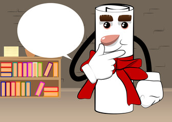 Rolled paper with red ribbon as a diploma holding finger front of his mouth. Cartoon Character.