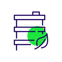 Green bio fuel. Oil barrel with green leaf. Sustainable energy source. Pixel perfect, editable stroke fun colorful icon