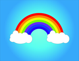 Cartoon rainbow with clouds, vector illustration. Colorful graphic design art.
