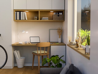 Minimal modern comfortable home workplace with laptop mockup