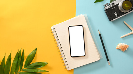 Smartphone white screen mockup with summer compositions background.