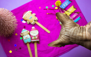 Bald naked Canadian sphinx cat looking at DIY cookies baked for New Year 2022, Christmas. Winter holiday decor, fun. Sweets, cookies, gingerbread man, lollipops lie on table top view. Selective focus.